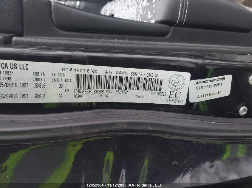 2015 Jeep Grand Cherokee VIN: 1C4RJFBG3FC930869 Lot: 12452984