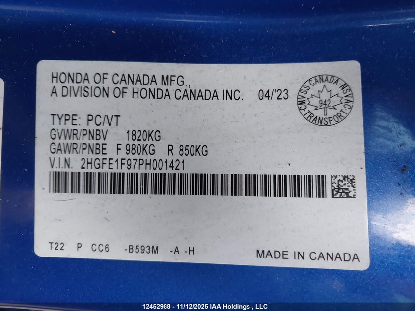 2HGFE1F97PH001421 2023 HONDA CIVIC photo no. 9