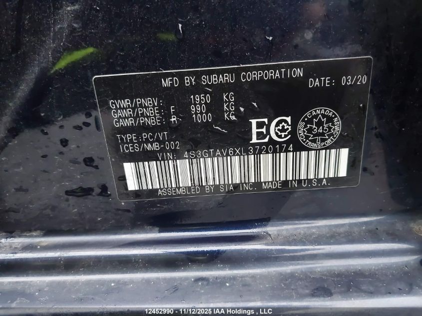 2020 Subaru Impreza Touring VIN: 4S3GTAV6XL3720174 Lot: 12452990