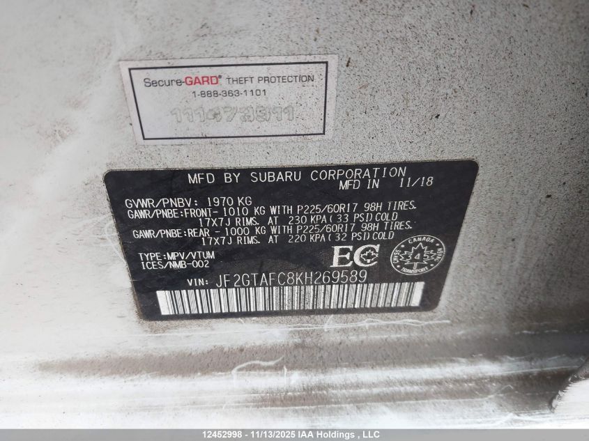 2019 Subaru Crosstrek Sport VIN: JF2GTAFC8KH269589 Lot: 12452998