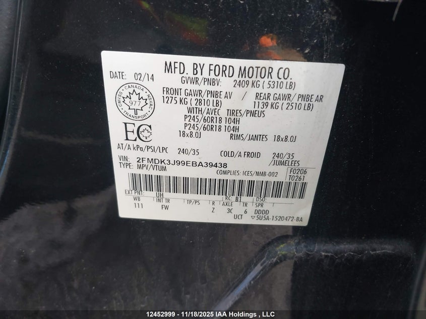 2FMDK3J99EBA39438 2014 FORD EDGE photo no. 9
