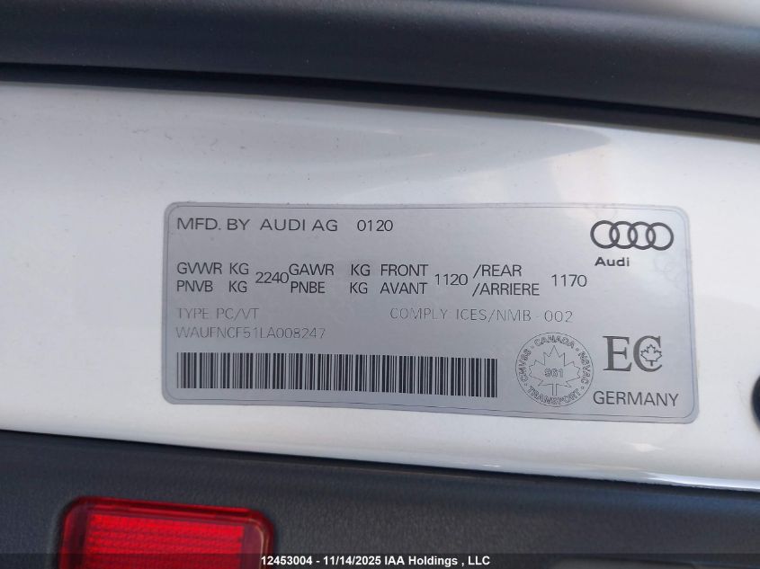 2020 Audi A5 2.0T Progressiv VIN: WAUFNCF51LA008247 Lot: 12453004