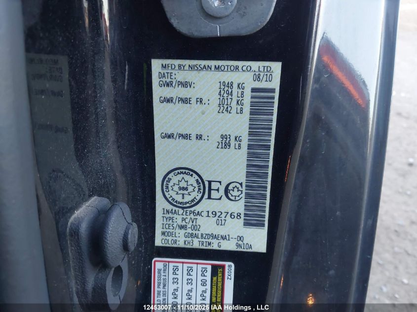 2010 Nissan Altima 2.5 S VIN: 1N4AL2EP6AC192768 Lot: 12453007