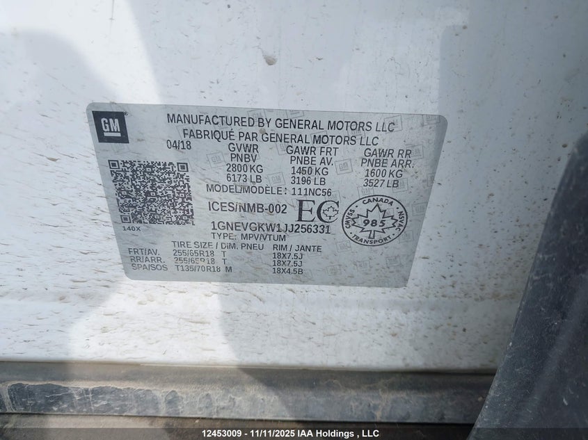 1GNEVGKW1JJ256331 2018 CHEVROLET TRAVERSE photo no. 9