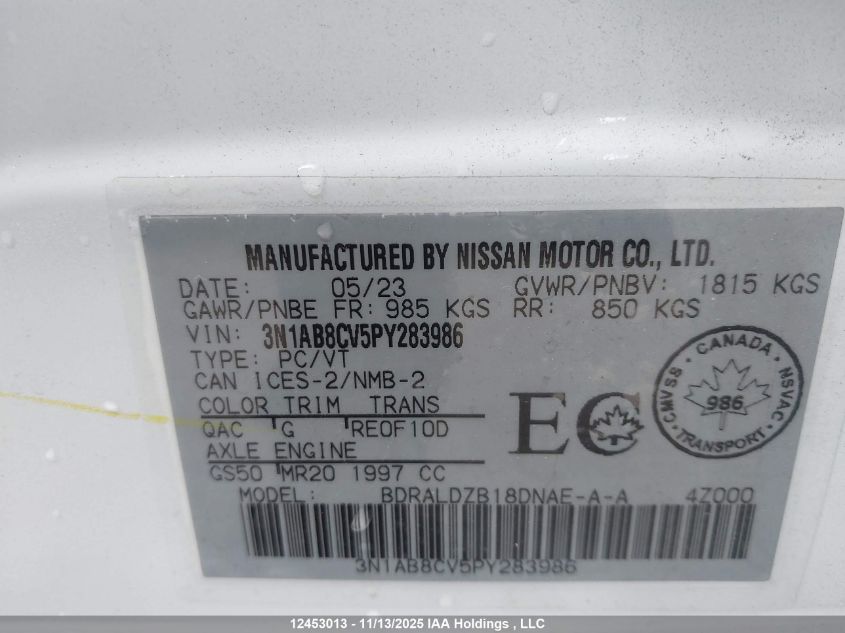 2023 Nissan Sentra VIN: 3N1AB8CV5PY283986 Lot: 12453013