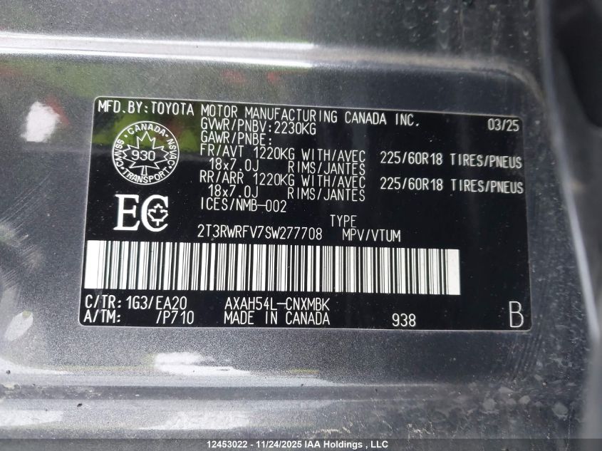 2025 Toyota Rav4 Hybrid Xle VIN: 2T3RWRFV7SW277708 Lot: 12453022