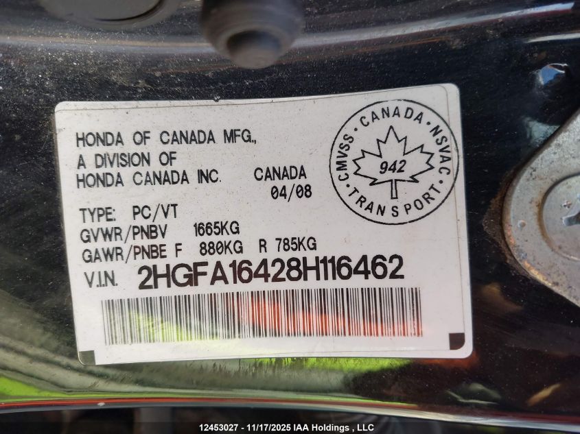 2008 Honda Civic Dx-G VIN: 2HGFA16428H116462 Lot: 12453027