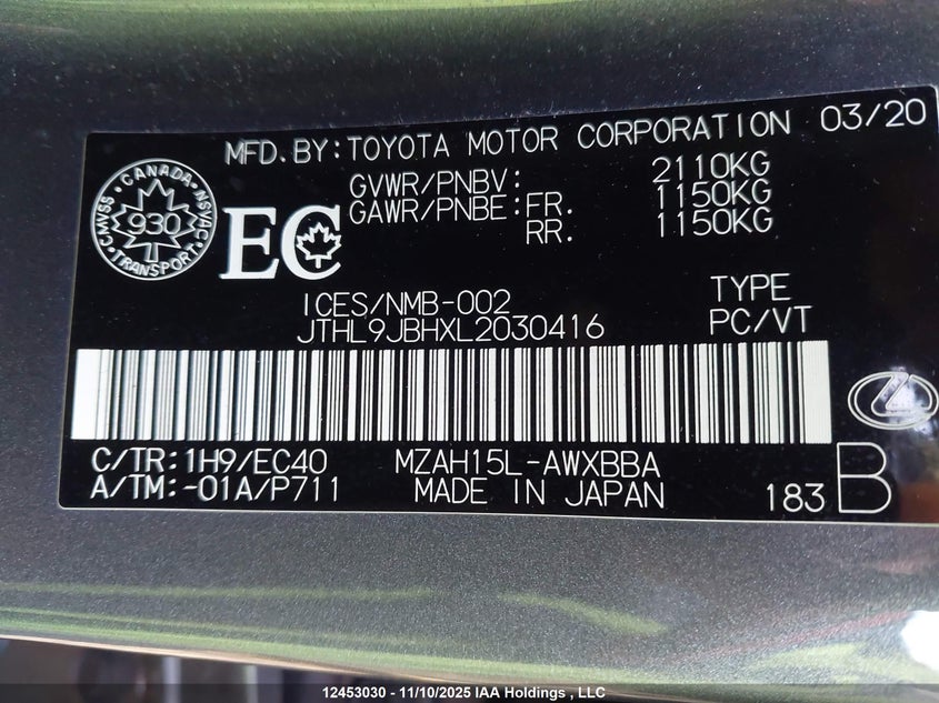 2020 Lexus Ux 250H VIN: JTHL9JBHXL2030416 Lot: 12453030