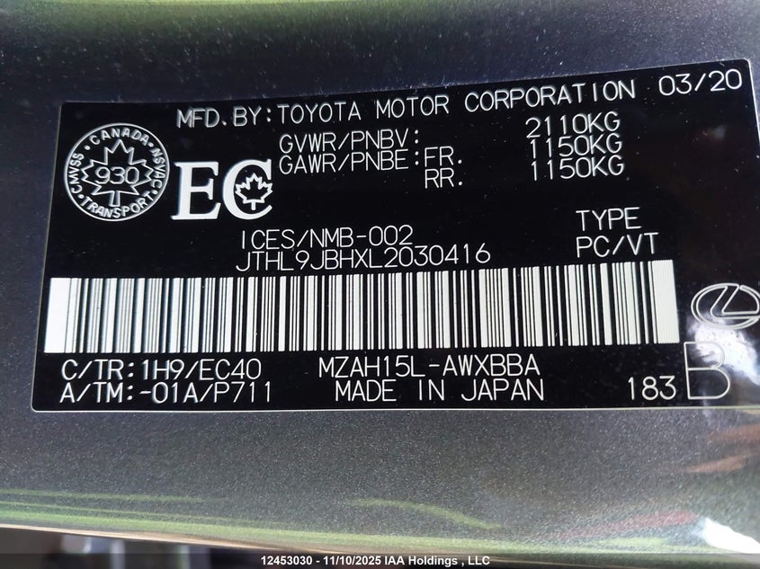 2020 Lexus Ux 250H VIN: JTHL9JBHXL2030416 Lot: 12453030