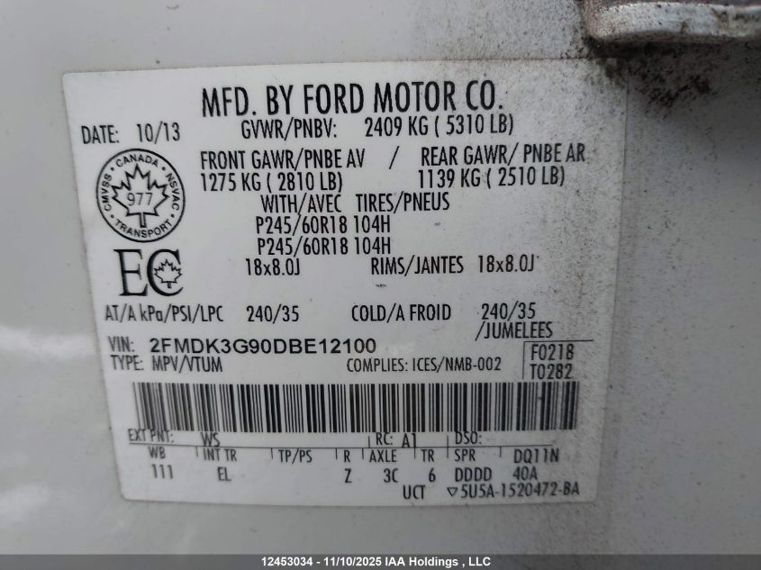 2013 Ford Edge Se VIN: 2FMDK3G90DBE12100 Lot: 12453034