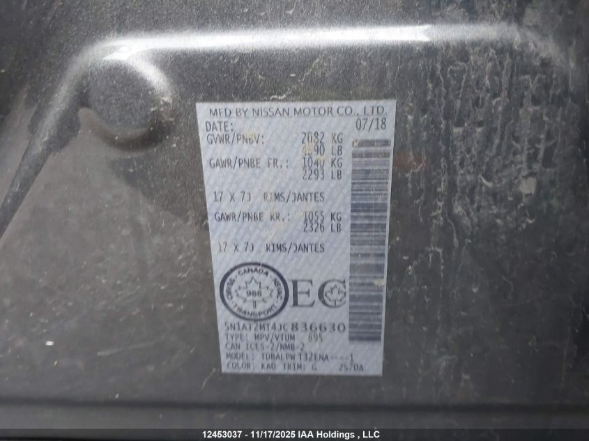 2018 Nissan Rogue S/Sv VIN: 5N1AT2MT4JC836630 Lot: 12453037