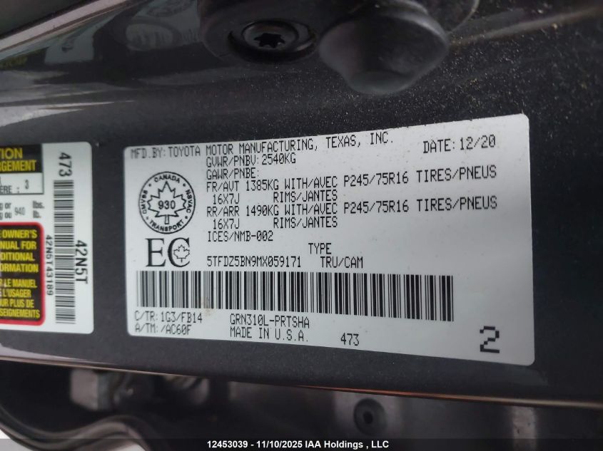 2021 Toyota Tacoma VIN: 5TFDZ5BN9MX059171 Lot: 12453039