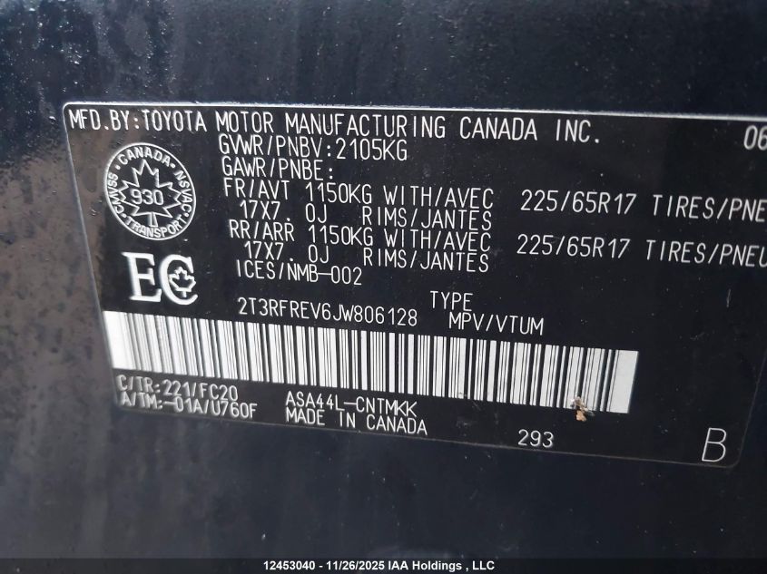 2018 Toyota Rav4 Xle VIN: 2T3RFREV6JW806128 Lot: 12453040