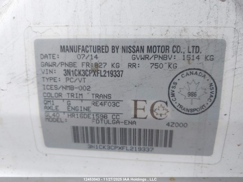 2015 Nissan Micra S/Sr/Sv VIN: 3N1CK3CPXFL219337 Lot: 12453043