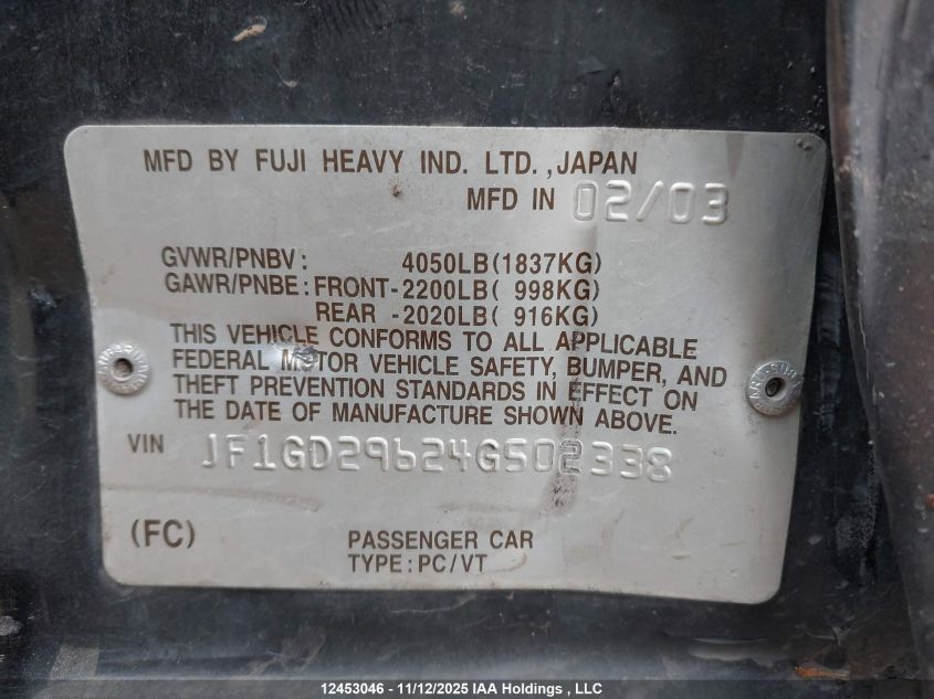 2004 Subaru Impreza Wrx VIN: JF1GD29624G502338 Lot: 12453046
