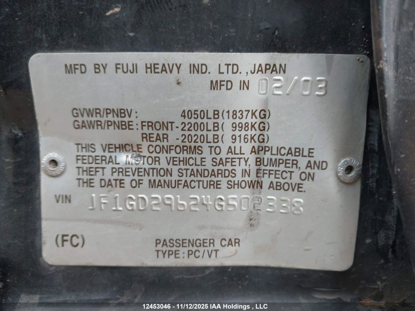 2004 Subaru Impreza Wrx VIN: JF1GD29624G502338 Lot: 12453046