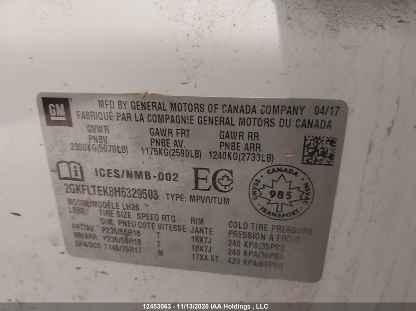 2017 GMC Terrain Sle-2 VIN: 2GKFLTEK8H6329503 Lot: 12453063