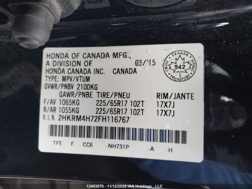 2015 Honda Cr-V Ex-L VIN: 2HKRM4H72FH116767 Lot: 12453070