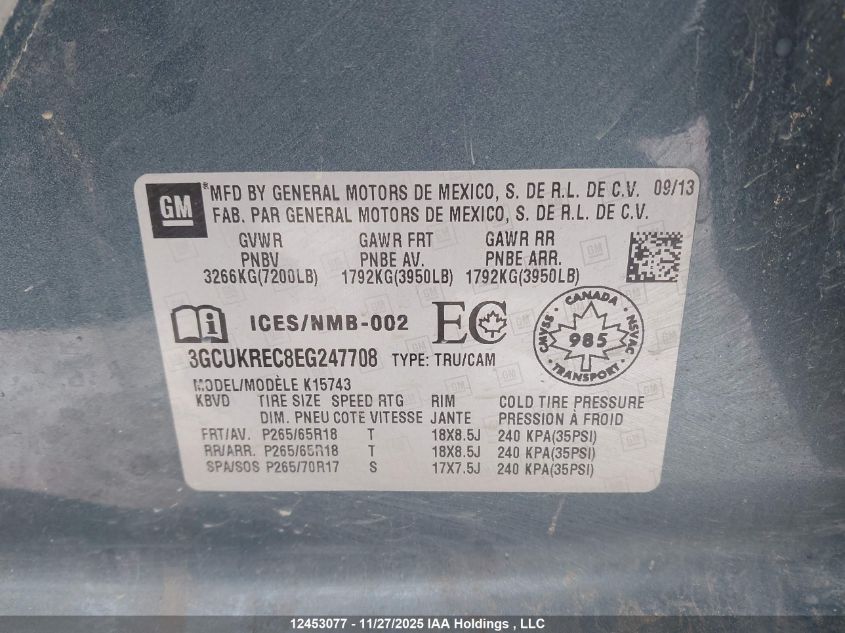 2014 Chevrolet Silverado K1500 Lt VIN: 3GCUKREC8EG247708 Lot: 12453077