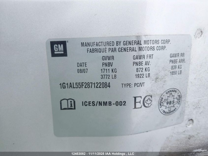 2008 Chevrolet Cobalt Lt VIN: 1G1AL55F287122084 Lot: 12453082