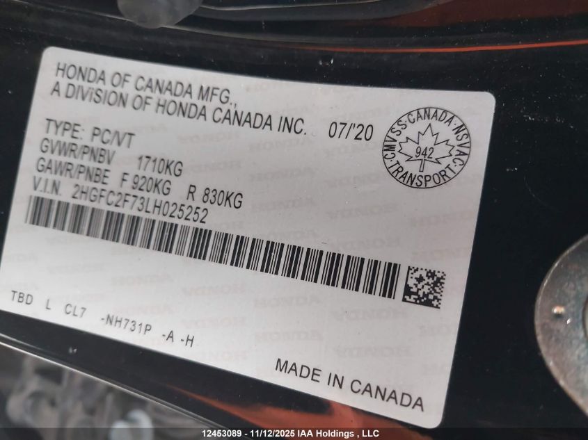 2020 Honda Civic Ex 4Dr VIN: 2HGFC2F73LH025252 Lot: 12453089