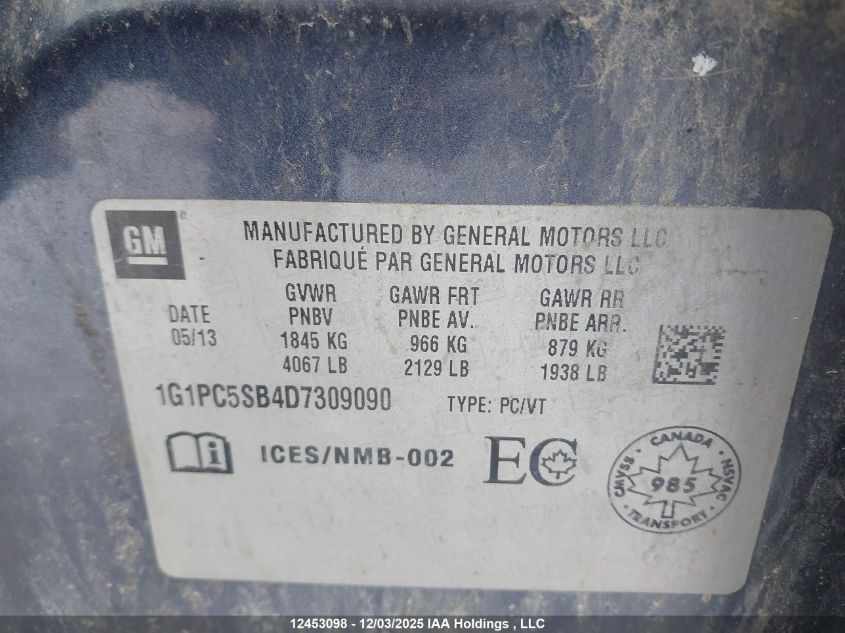 2013 Chevrolet Cruze Lt VIN: 1G1PC5SB4D7309090 Lot: 12453098