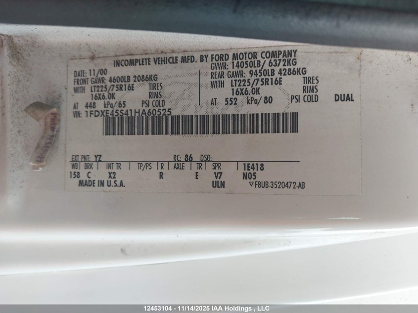 2001 Ford Econoline E450 Super Duty Cutwy Van VIN: 1FDXE45S41HA60525 Lot: 12453104