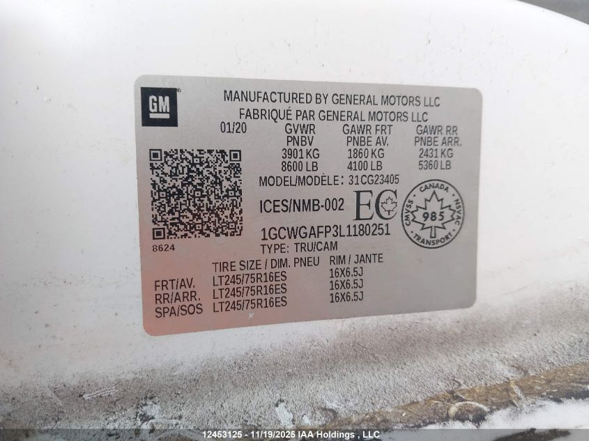 2020 Chevrolet Express 2500 Work Van VIN: 1GCWGAFP3L1180251 Lot: 12453125