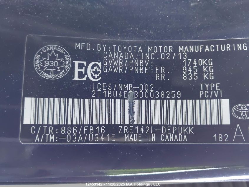 2013 Toyota Corolla Ce VIN: 2T1BU4EE3DC038259 Lot: 12453142