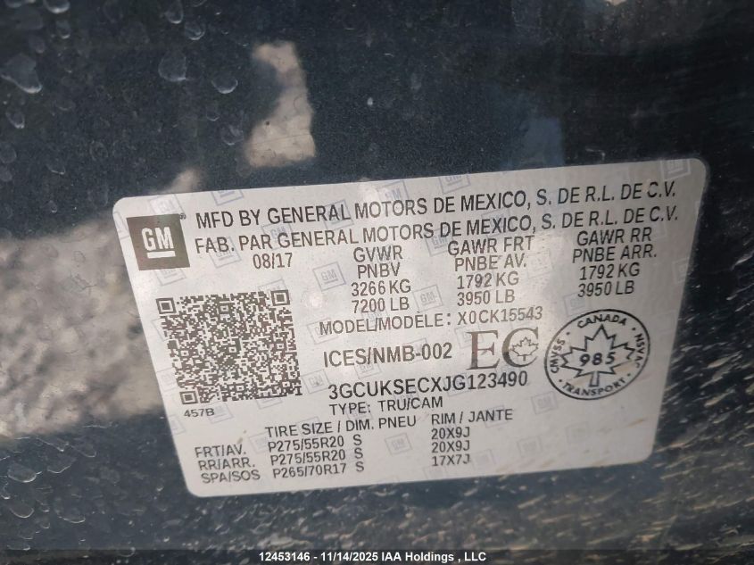 2018 Chevrolet Silverado 1500 1Lz/2Lz VIN: 3GCUKSECXJG123490 Lot: 12453146