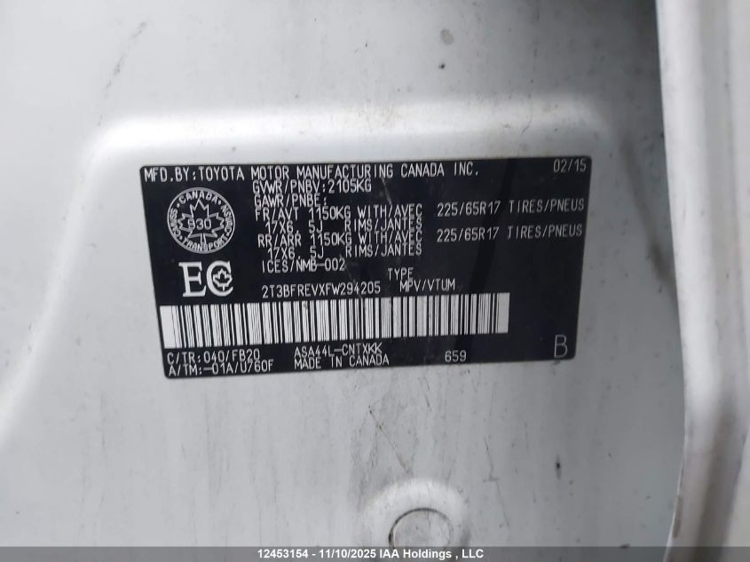 2015 Toyota Rav4 VIN: 2T3BFREVXFW294205 Lot: 12453154