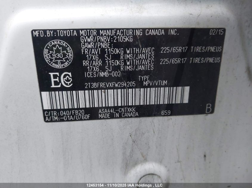 2015 Toyota Rav4 VIN: 2T3BFREVXFW294205 Lot: 12453154