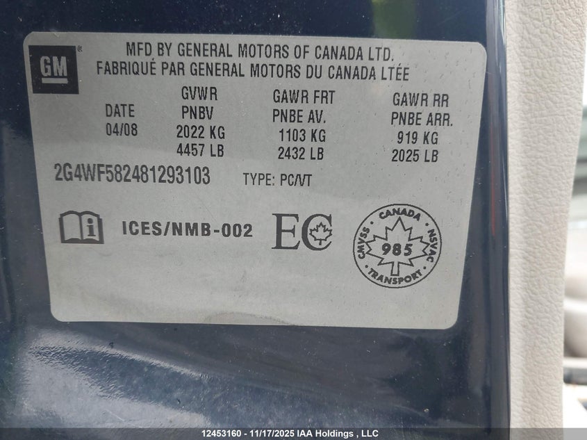 2G4WF582481293103 2008 BUICK ALLURE photo no. 9