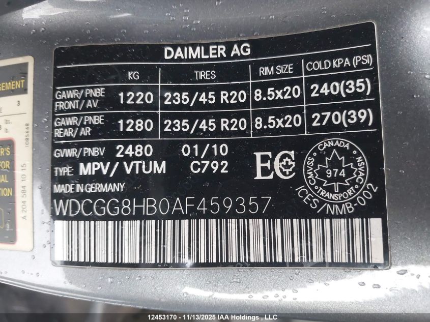 2010 Mercedes-Benz Glk 350 4Matic VIN: WDCGG8HB0AF459357 Lot: 12453170