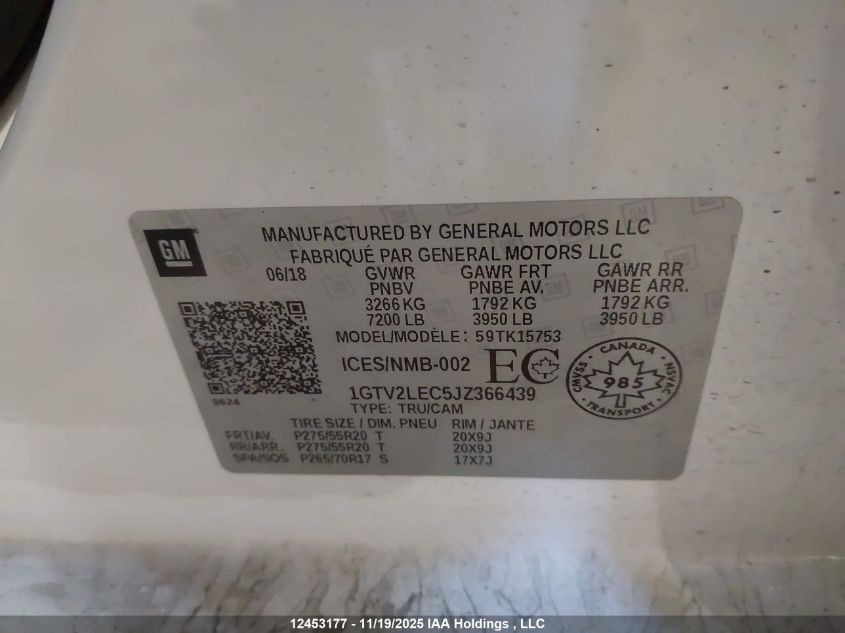 2018 GMC Sierra 1500 VIN: 1GTV2LEC5JZ366439 Lot: 12453177