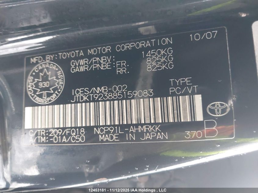 2008 Toyota Yaris VIN: JTDKT923885159083 Lot: 12453181