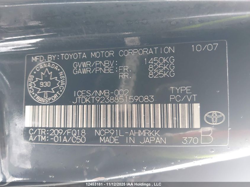 2008 Toyota Yaris VIN: JTDKT923885159083 Lot: 12453181