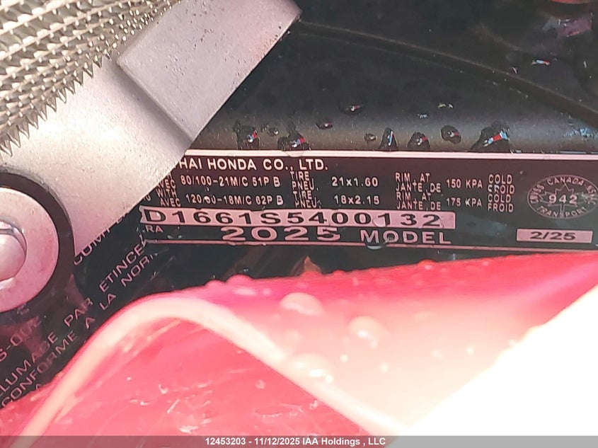 2025 Honda Crf300 La VIN: MLHND1661S5400132 Lot: 12453203