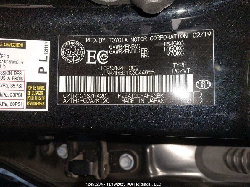 JTNK4RBE1K3044855 2019 TOYOTA COROLLA photo no. 9