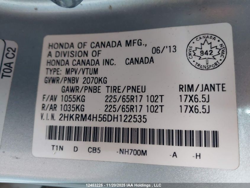 2013 Honda Cr-V Ex VIN: 2HKRM4H56DH122535 Lot: 12453225