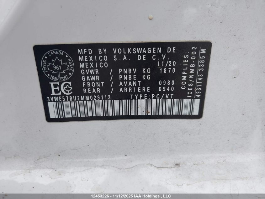 2021 Volkswagen Jetta Highline VIN: 3VWE57BU2MM029113 Lot: 12453226