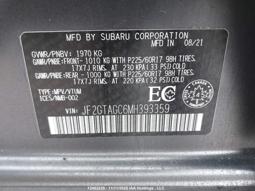 2021 Subaru Crosstrek Premium VIN: JF2GTAGC6MH393359 Lot: 12453229