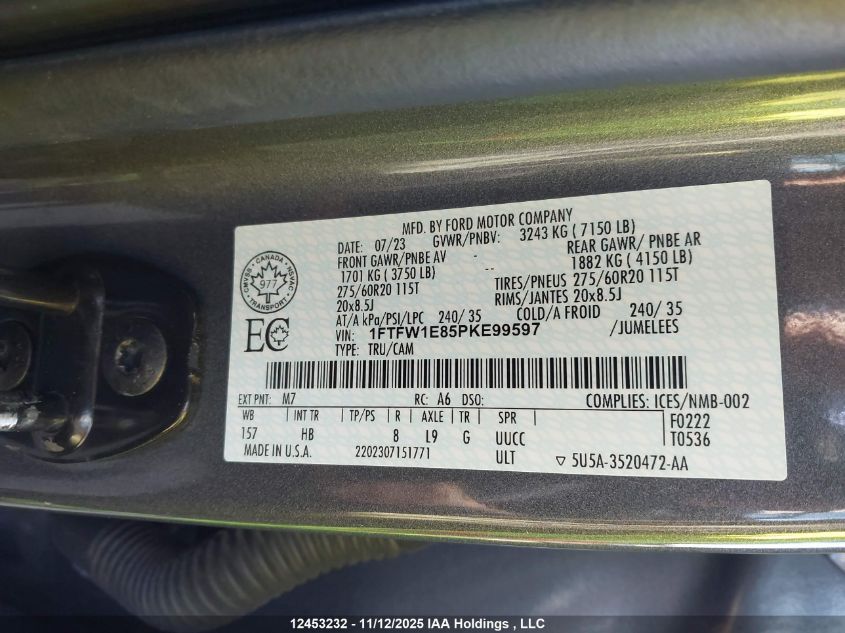 2023 Ford F-150 Lariat VIN: 1FTFW1E85PKE99597 Lot: 12453232