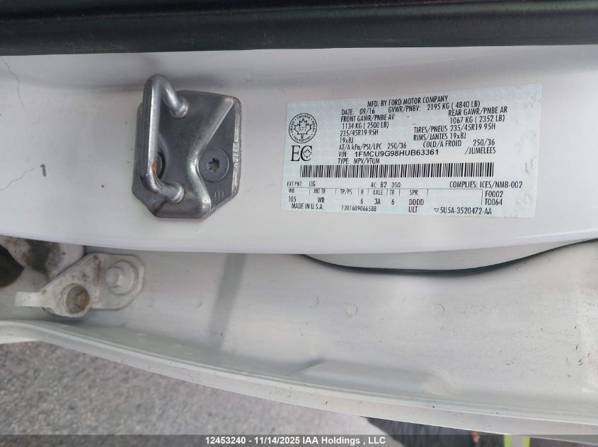 2017 Ford Escape VIN: 1FMCU9G98HUB63361 Lot: 12453240