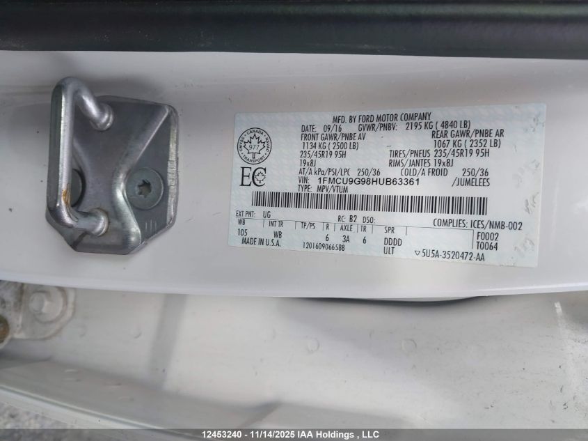 2017 Ford Escape VIN: 1FMCU9G98HUB63361 Lot: 12453240