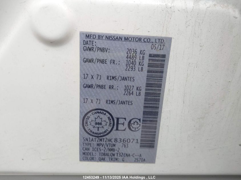 2017 Nissan Rogue S/Sv VIN: 5N1AT2MT2HC836071 Lot: 12453249
