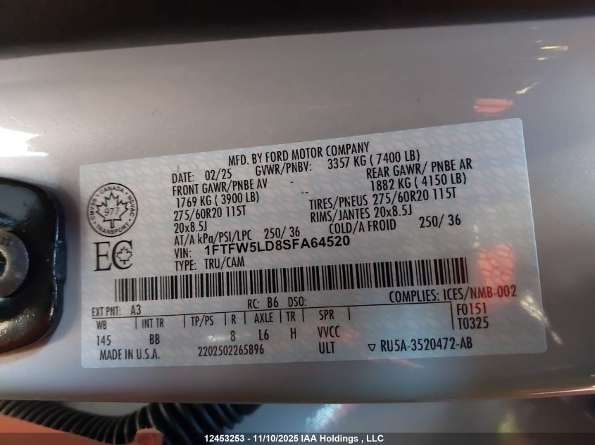 2025 Ford F-150 Lariat VIN: 1FTFW5LD8SFA64520 Lot: 12453253