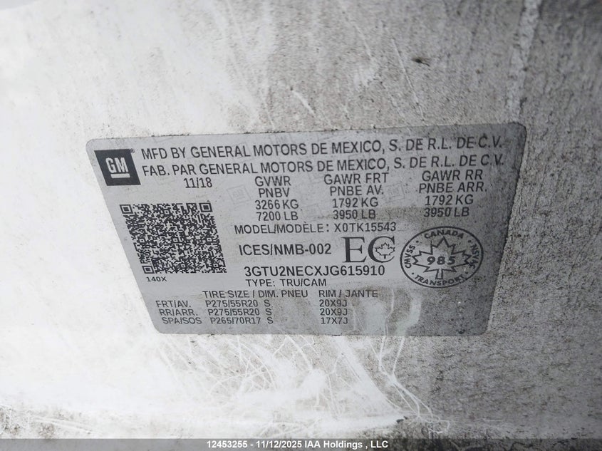 2018 GMC Sierra 1500 Slt VIN: 3GTU2NECXJG615910 Lot: 12453255