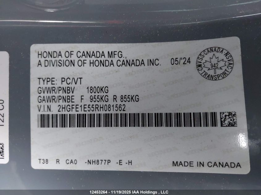 2024 Honda Civic Si Si VIN: 2HGFE1E55RH081562 Lot: 12453264