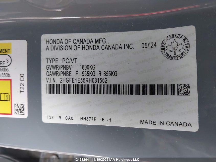 2024 Honda Civic Si Si VIN: 2HGFE1E55RH081562 Lot: 12453264